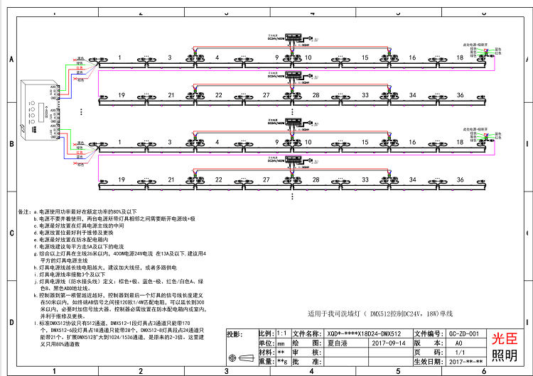 DMX512洗墻燈接線圖